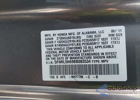 2011 Honda Odyssey Ex-L z USA, uszkodzony, nr VIN 5FNRL5H69BB083534